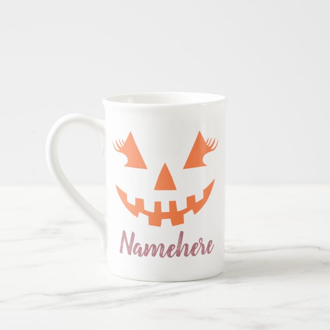 Anpassningsbar Girly Jack o lantern Pumpkin Hallow Benporslin Mugg (Vänster)