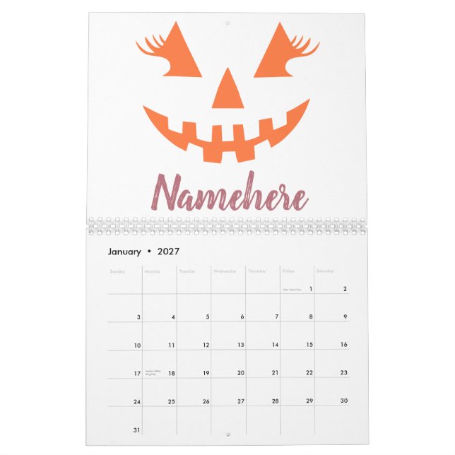 Anpassningsbar Girly Jack o lantern Pumpkin Hallow Kalender (Jan 2027)