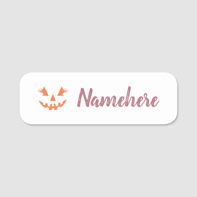 Anpassningsbar Girly Jack o lantern Pumpkin Hallow Namnbricka (Framsida)