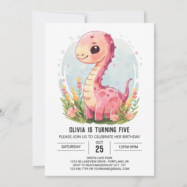Anpassningsbar Girly Printable Dinosaur Girl Birth Inbjudningar (Framsida)