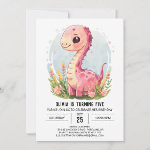 Anpassningsbar Girly Printable Dinosaur Girl Birth Inbjudningar