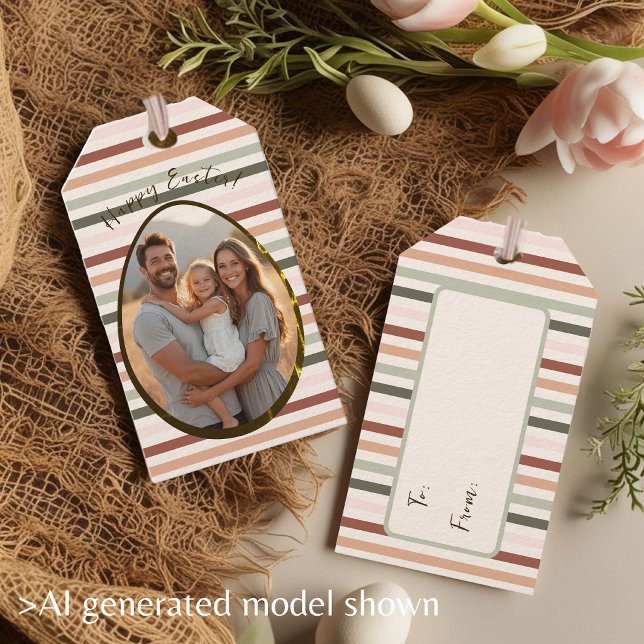 Anpassningsbar Glad påsk Stripe-foto Presentetikett (Custom Happy Easter Striped photo Gift Tags)