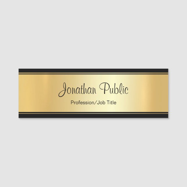 Anpassningsbar Glamor Guld Rectangle Hand Script M Namnbricka (Framsida)