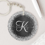 Anpassningsbar Glitter Black Gnistra Monogram<br><div class="desc">Anpassa enkelt den här eleganten av trendig-nyckelkedjan med söt silver mousserande glitter på en svart,  borstad metallisk bakgrund.</div>