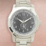 Anpassningsbar Glitter Black Gnistra Monogram Armbandsur<br><div class="desc">Anpassa eleganten på trendiget enkelt och med söt silver mousserande glitter på en svart,  borstad metallisk bakgrund.</div>