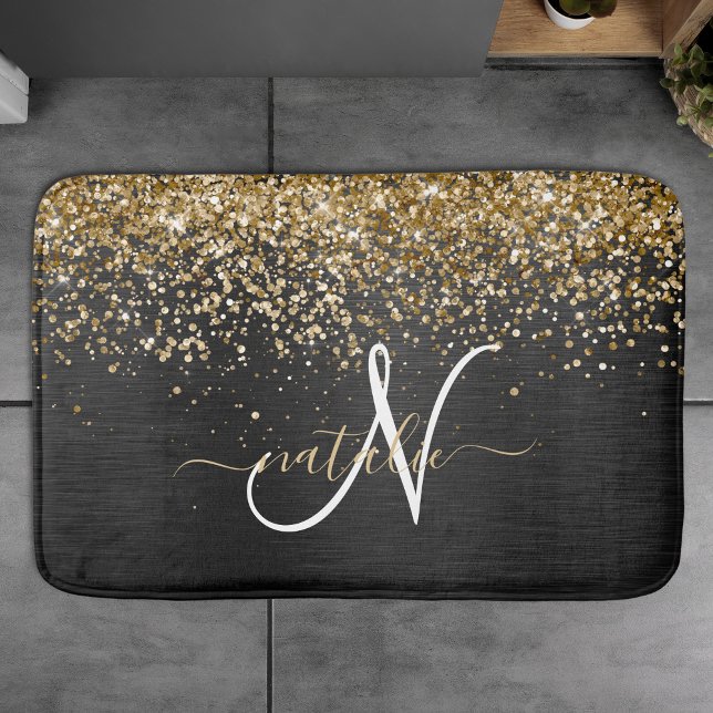 Anpassningsbar Glitter Black Gnistra Monogram Badrumsmatta (Skapare uppladdad)