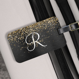 Anpassningsbar Glitter Black Gnistra Monogram Bagagebricka