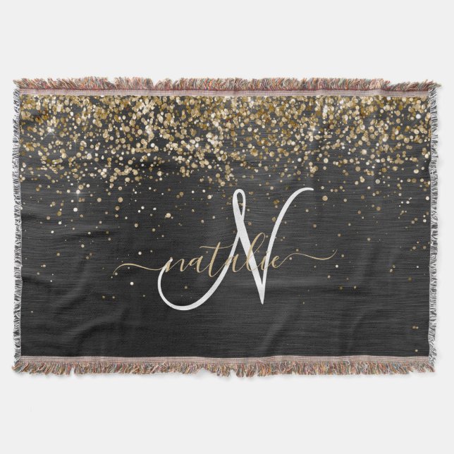 Anpassningsbar Glitter Black Gnistra Monogram Filt (Framsidan)