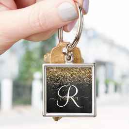 Anpassningsbar Glitter Black Gnistra Monogram Fyrkantig Silverfärgad Nyckelring