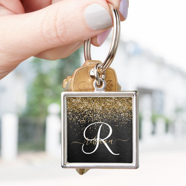 Anpassningsbar Glitter Black Gnistra Monogram Fyrkantig Silverfärgad Nyckelring (Skapare uppladdad)
