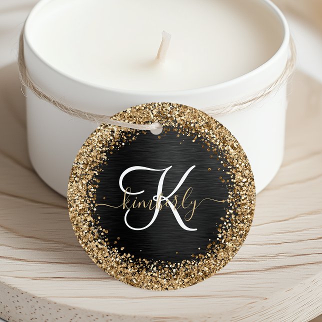 Anpassningsbar Glitter Black Gnistra Monogram Gåvor Etiketter (Skapare uppladdad)