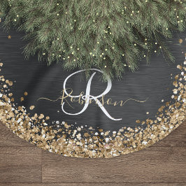 Anpassningsbar Glitter Black Gnistra Monogram Julgransmatta Borstad Polyester