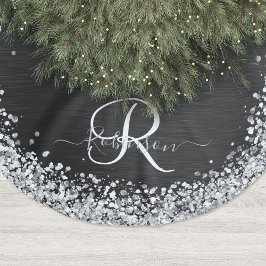 Anpassningsbar Glitter Black Gnistra Monogram Julgransmatta Borstad Polyester