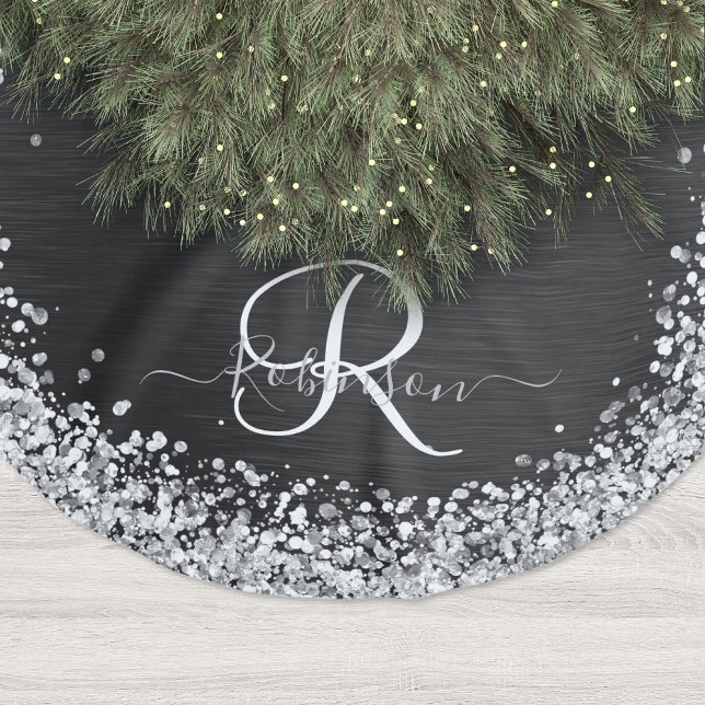 Anpassningsbar Glitter Black Gnistra Monogram Julgransmatta Borstad Polyester (Skapare uppladdad)