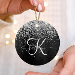 Anpassningsbar Glitter Black Gnistra Monogram Julgransprydnad Keramik<br><div class="desc">Anpassa eleganten keramisk prydnadsdesign av keramiskt trendig enkelt med söt silver mousserande glitter på en svart,  borstad metallisk bakgrund.</div>