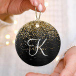 Anpassningsbar Glitter Black Gnistra Monogram Julgransprydnad Keramik<br><div class="desc">Anpassa enkelt elegantens dekorationsdesign i trendiget med söt guld mousserande glitter på en svart,  borstad metallisk bakgrund.</div>