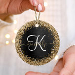 Anpassningsbar Glitter Black Gnistra Monogram Julgransprydnad Keramik<br><div class="desc">Anpassa eleganten keramisk prydnadsdesign av keramiskt trendig enkelt med söt guld mousserande glitter på en svart,  borstad metallisk bakgrund.</div>