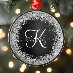 Anpassningsbar Glitter Black Gnistra Monogram Julgransprydnad Metall