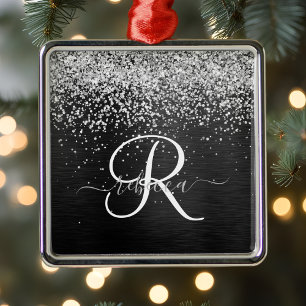 Anpassningsbar Glitter Black Gnistra Monogram Julgransprydnad Metall
