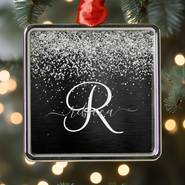 Anpassningsbar Glitter Black Gnistra Monogram Julgransprydnad Metall (Skapare uppladdad)