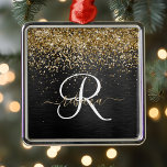 Anpassningsbar Glitter Black Gnistra Monogram Julgransprydnad Metall<br><div class="desc">Anpassa enkelt elegantens dekorationsdesign i trendiget med söt guld mousserande glitter på en svart,  borstad metallisk bakgrund.</div>