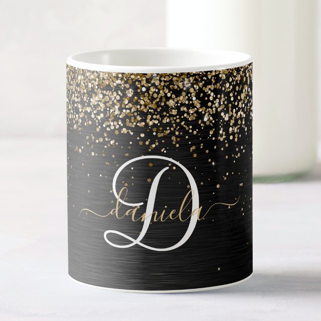 Anpassningsbar Glitter Black Gnistra Monogram Kaffemugg (Skapare uppladdad)