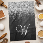 Anpassningsbar Glitter Black Gnistra Monogram Kökshandduk<br><div class="desc">Anpassa eleganten av kökshanddukar av trendig enkelt med söt silver mousserande glitter på en svart,  borstad metallisk bakgrund.</div>