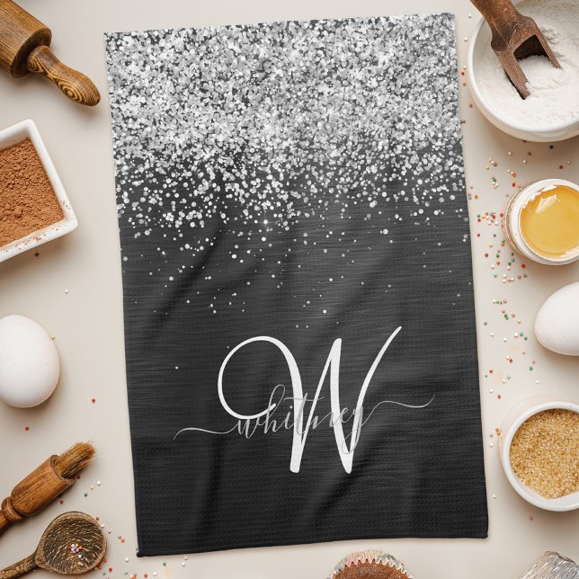 Anpassningsbar Glitter Black Gnistra Monogram Kökshandduk (Skapare uppladdad)