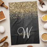 Anpassningsbar Glitter Black Gnistra Monogram Kökshandduk<br><div class="desc">Anpassa eleganten av kökshanddukar av trendig enkelt med söt guld mousserande glitter på en svart,  borstad metallisk bakgrund.</div>