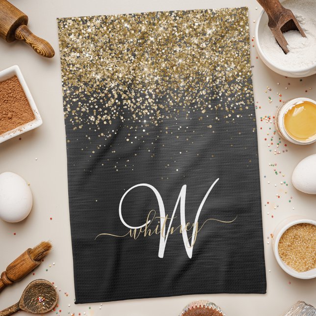 Anpassningsbar Glitter Black Gnistra Monogram Kökshandduk (Skapare uppladdad)