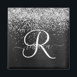Anpassningsbar Glitter Black Gnistra Monogram Magnet<br><div class="desc">Anpassa enkelt den här eleganten av trendig med magnet-design med söt silver mousserande glitter på en svart,  borstad metallisk bakgrund.</div>