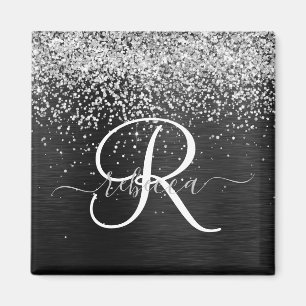 Anpassningsbar Glitter Black Gnistra Monogram Magnet