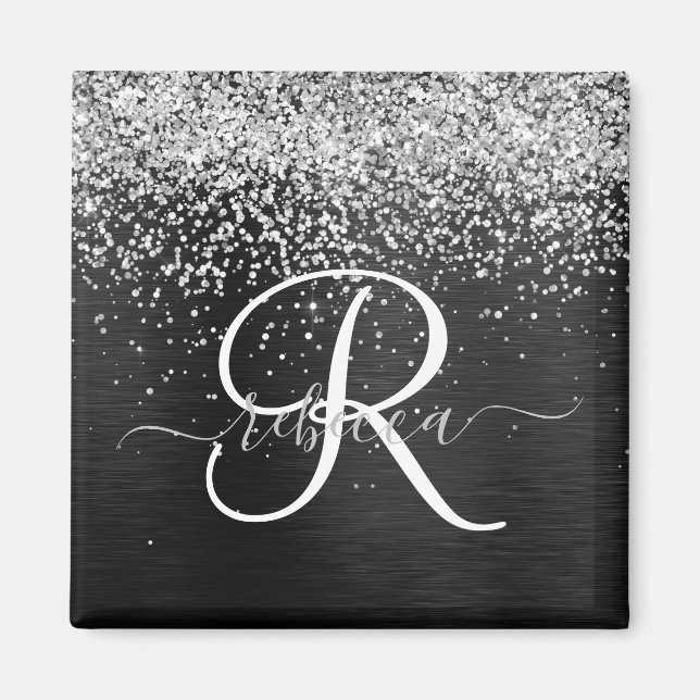 Anpassningsbar Glitter Black Gnistra Monogram Magnet (Framsidan)