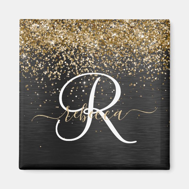 Anpassningsbar Glitter Black Gnistra Monogram Magnet (Framsidan)