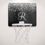 Anpassningsbar Glitter Black Gnistra Monogram Mini-Basketkorg<br><div class="desc">Anpassa eleganten ring basketboll i trendig enkelt med söt silver mousserande glitter på en svart,  borstad metallisk bakgrund.</div>
