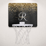 Anpassningsbar Glitter Black Gnistra Monogram Mini-Basketkorg<br><div class="desc">Anpassa eleganten ring basketboll i trendig enkelt med söt guld mousserande glitter på en svart,  borstad metallisk bakgrund.</div>