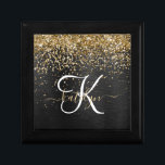 Anpassningsbar Glitter Black Gnistra Monogram Minnesask<br><div class="desc">Anpassa enkelt den här eleganten av trendig-presentboxen med söt guld mousserande glitter på en svart,  borstad metallisk bakgrund.</div>
