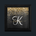 Anpassningsbar Glitter Black Gnistra Monogram Minnesask<br><div class="desc">Anpassa enkelt den här eleganten av trendig-presentboxen med söt guld mousserande glitter på en svart,  borstad metallisk bakgrund.</div>