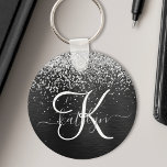 Anpassningsbar Glitter Black Gnistra Monogram Nyckelring<br><div class="desc">Anpassa enkelt den här eleganten av trendig-nyckelkedjan med söt silver mousserande glitter på en svart,  borstad metallisk bakgrund.</div>