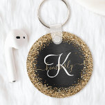 Anpassningsbar Glitter Black Gnistra Monogram Nyckelring<br><div class="desc">Anpassa enkelt den här eleganten av trendig-nyckelkedjan med söt guld mousserande glitter på en svart,  borstad metallisk bakgrund.</div>