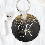 Anpassningsbar Glitter Black Gnistra Monogram Nyckelring<br><div class="desc">Anpassa enkelt den här eleganten av trendig-nyckelkedjan med söt guld mousserande faux glitter på en svart,  borstad metallisk bakgrund.</div>