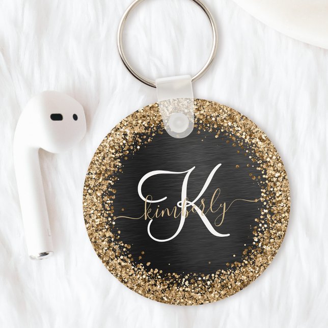 Anpassningsbar Glitter Black Gnistra Monogram Nyckelring (Skapare uppladdad)