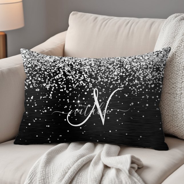 Anpassningsbar Glitter Black Gnistra Monogram Prydnadskudde (Skapare uppladdad)
