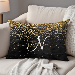Anpassningsbar Glitter Black Gnistra Monogram Prydnadskudde