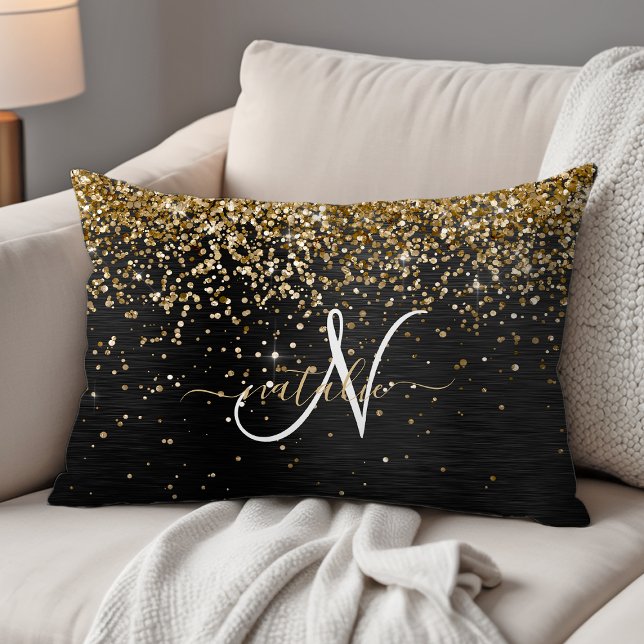 Anpassningsbar Glitter Black Gnistra Monogram Prydnadskudde (Skapare uppladdad)