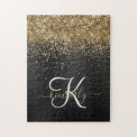 Anpassningsbar Glitter Black Gnistra Monogram Pussel<br><div class="desc">Anpassa enkelt eleganten i trendiget till pussel med söt guld mousserande glitter på en svart,  borstad metallisk bakgrund.</div>