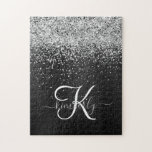 Anpassningsbar Glitter Black Gnistra Monogram Pussel<br><div class="desc">Anpassa enkelt eleganten i trendiget till pussel med söt silver mousserande glitter på en svart,  borstad metallisk bakgrund.</div>