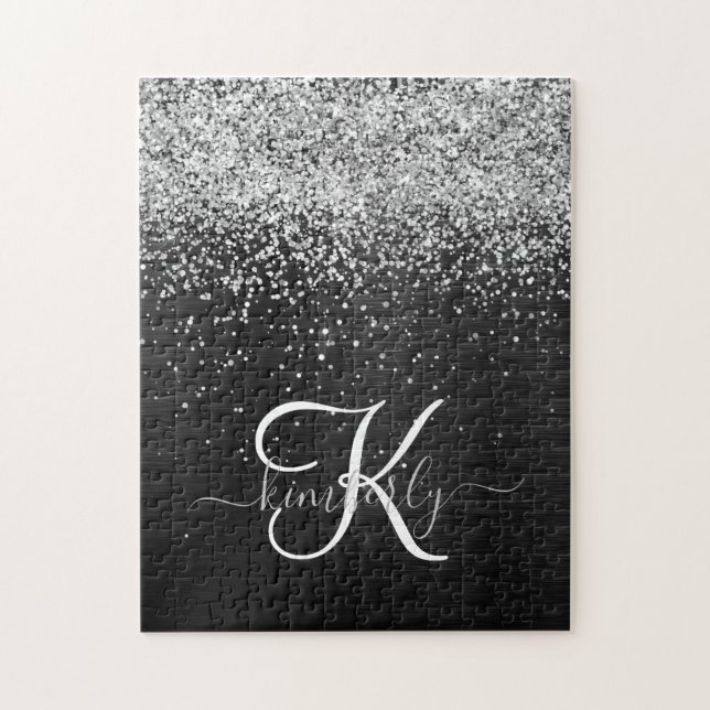 Anpassningsbar Glitter Black Gnistra Monogram Pussel (Vertikal)