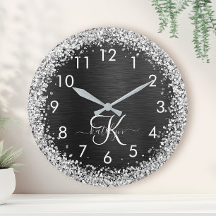 Anpassningsbar Glitter Black Gnistra Monogram Rund Klocka