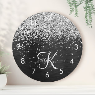 Anpassningsbar Glitter Black Gnistra Monogram Rund Klocka